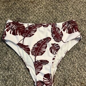 SHEIN White and Maroon Leaf Print Bikini Bottom